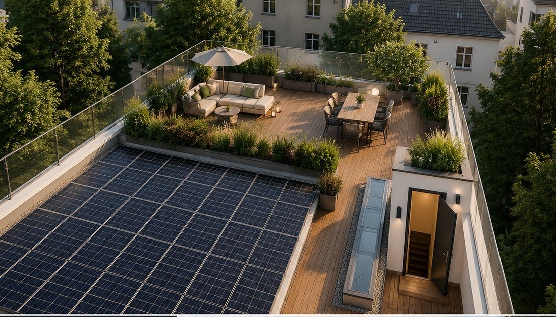 Visualisierung des Dachgartens mit Photovoltaikanlage
